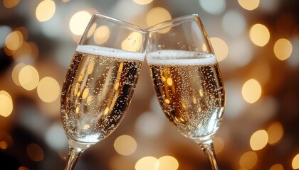 Elegant duo of champagne glasses sitting on a elegant glass bottle, set against a rich wooden table background, with soft focus and warm lighting effect, luxury, champagne glasses