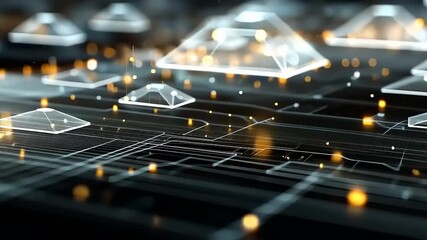 Abstract digital landscape with glowing geometric shapes and lines, creating a futuristic atmosphere - Powered by Adobe