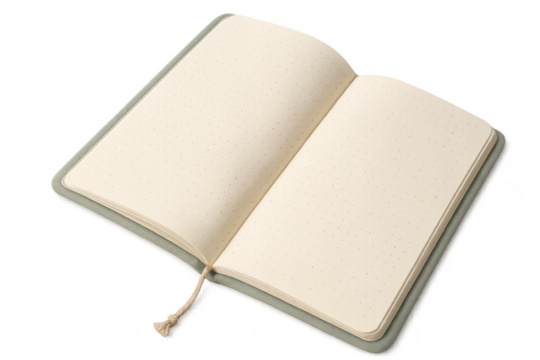 Open blank journal with dotted paper pages and bookmark, ready for writing or drawing on transparent background