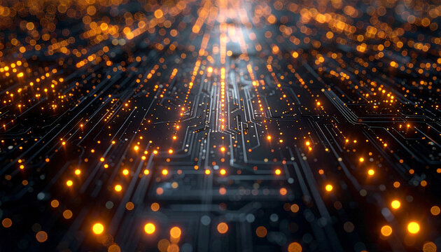 Illuminated Circuitry:  a close-up perspective of illuminated circuitry, showcasing glowing lines and data transfer