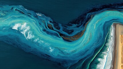 Abstract aerial view of vibrant blue ocean, turquoise water patterns, white surf, and a golden sandy beach shoreline.