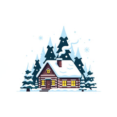 A charming log cabin nestled among snow-covered pine trees in a winter forest scene, with smoke rising from the chimney and snowflakes falling, creating a cozy atmosphere.