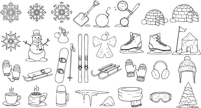Winter Holiday Doodle Set: Hand-Drawn Snowflakes, Snowman, and Festive Elements