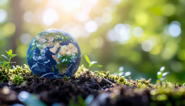 Earth globe in lush green forest with sunlight, symbolizing environmental protection and sustainability.