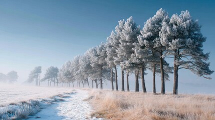 Serene winter landscape with a row of frost-covered trees and a snowy field under a clear blue sky, evoking cold tranquility.