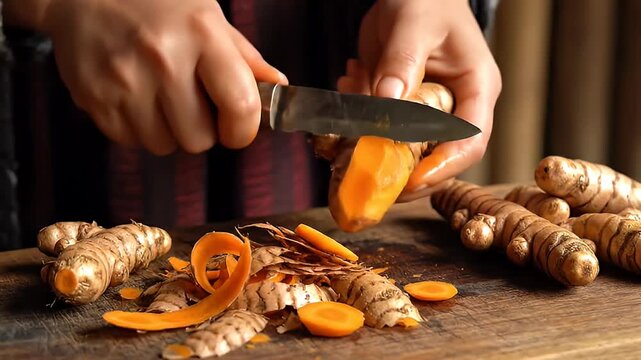 hands peeling fresh turmeric root with a knife on cutting board