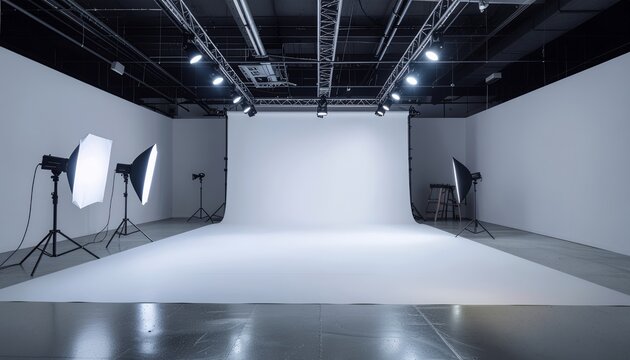 Empty modern photography studio with white cyclorama and professional lighting equipment, ready for a photoshoot. - Powered by Adobe
