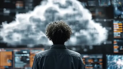 Person observing digital cloud data visualization on a futuristic screen in a tech environment - Powered by Adobe