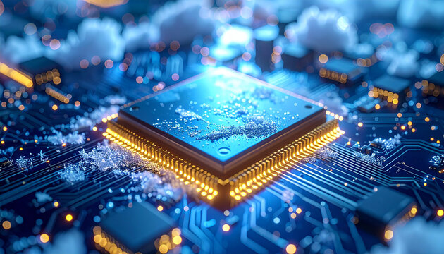 Computing Core's Cosmic Glow: An illuminated processor core rests upon a network board, enveloped by soft clouds, symbolizing technological advancement.