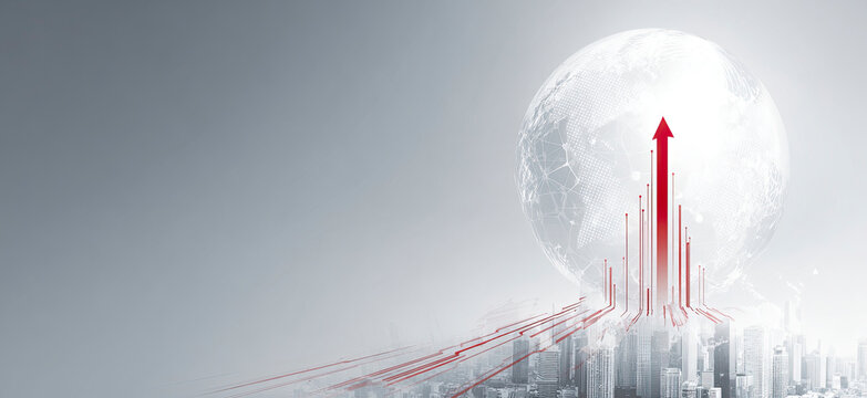 Global growth concept: upward red arrow over city