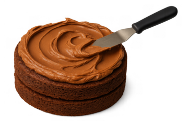 Chocolate cake frosting with spatula, spreading creamy brown icing, preparing sweet delicious dessert on transparent background