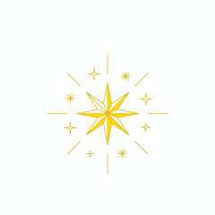 A bright yellow eight-pointed star with radiating lines and small sparkles on a white background.