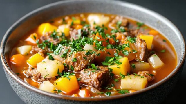 Hearty Beef Stew in Ceramic Bowl: A warm, inviting bowl of rich beef stew, brimming with tender chunks of beef, vibrant vegetables, and aromatic herbs, evokes a sense of comfort and culinary delight.