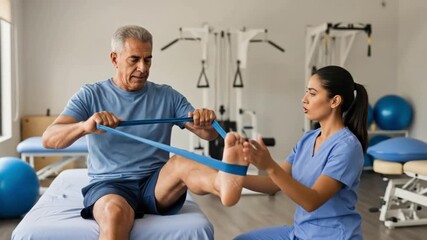A senior man exercises with a resistance band during a physiotherapy session. A female physical therapist in medical scrubs assists, guiding the movement. The scene takes place in a well-lit rehabilit