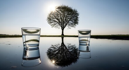 A serene landscape featuring a solitary tree reflected in calm water with two glasses of water in the foreground under a clear sky during daytime
