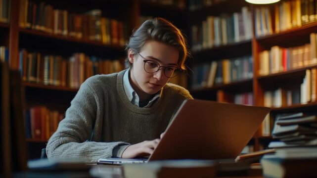 Student studies laptop library books.