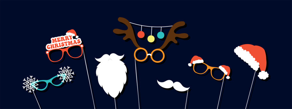 Christmas photo booth props white beard, mustache, Santa hat, sunglasses with snowflakes, glasses with reindeer antlers, vector design elements