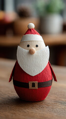Handmade santa claus craft decoration with cotton beard on wooden table in home setting

