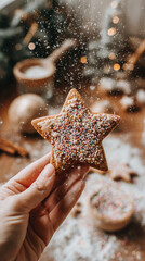 Hand holding star shaped gingerbread cookie with colorful sprinkles in festive christmas kitchen setting