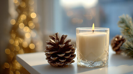 White candle in glass holder with pine cone on white surface creating cozy christmas atmosphere
