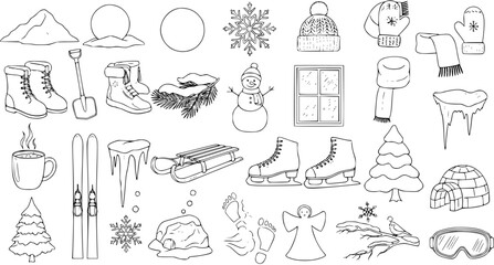 Collection of Winter-Themed Outline Illustrations: Snowman, Snowflake, Boots, Skis, Igloo, Hat, Gloves, Ice Skates, and Holiday Elements - Perfect for Coloring Pages and Craft Projects.