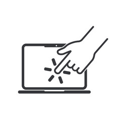 Fototapeta premium Isolated pictogram of an open laptop with a finger touching the screen, symbolizing touchscreen notebook, digital interaction, and modern technology.
