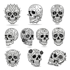 Collection of decorative sugar skull illustrations.