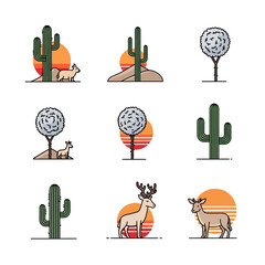 Desert Wildlife and Cactus Illustrations Set.
