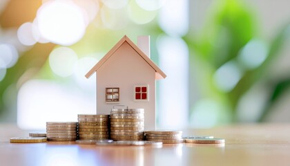 Miniature house with stacked coins, symbolizing real estate investment and financial growth.