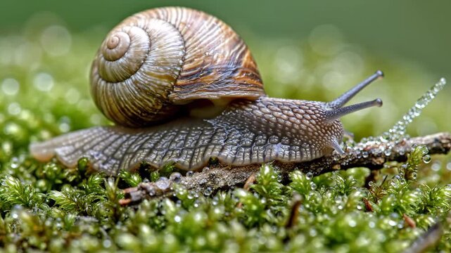 snail crawling on green moss covered with morning dew. The detailed texture of the shell and glistening water droplets highlight the beauty of nature and small wildlife in a serene forest environment.