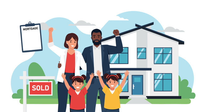 Happy Family Celebrating Buying a New Home With a Sold Sign and Mortgage Document - Powered by Adobe