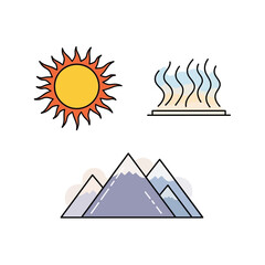 Sun, heat, and mountains illustration for weather concept.