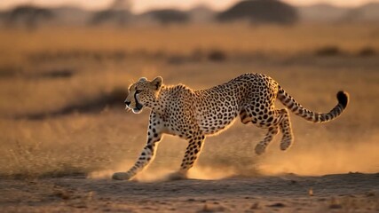 A cheetah running at high speed in the savanna during golden hour. The cheetah's spotted coat and powerful strides create a dynamic and exciting scene - Powered by Adobe