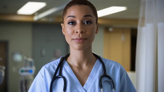 A confident nurse stands ready for duty in a hospital. She wears a stethoscope, and the background hints at a modern medical facility - Powered by Adobe