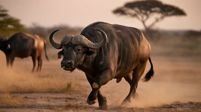 A majestic African buffalo charging across the savanna, with its powerful presence. The image captures the essence of wildlife in its natural habitat