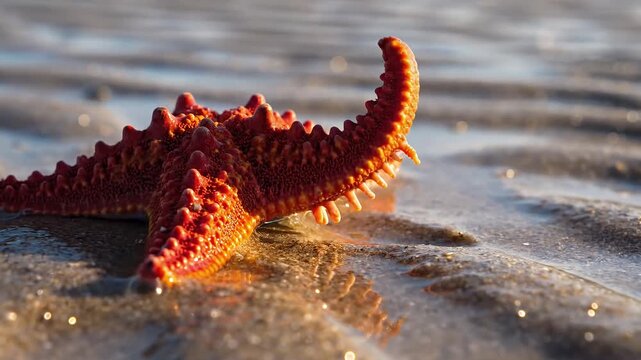 Vibrant Red Starfish on Sun-Kissed Sandy Beach Shoreline Close-up of Marine Life in Shallow Ocean Water During Golden Hour Featuring Textured Skin and Gentle Wave