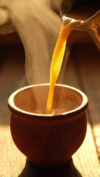 pouring steaming turmeric latte into rustic cup