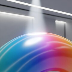 A vibrant, colorful abstract sphere with smooth gradient transitions and reflective highlights, set against a modern, sleek background with light accents