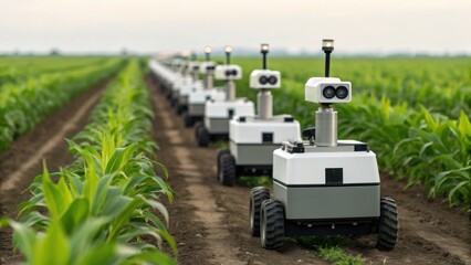 A row of robotic machines navigates through a cornfield, showcasing technological advancements in agriculture and automation.