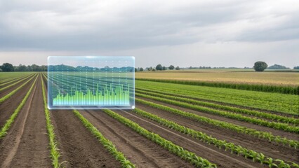 A modern agricultural field with rows of crops under a cloudy sky, featuring an overlay of data analytics for farm management.