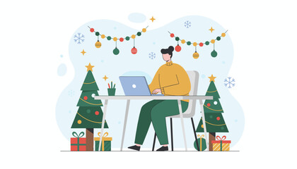 Remote worker busy on a laptop in a festive Christmas office setting
