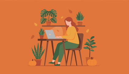 Woman remote working on laptop in a cozy autumn home office with plants and pumpkins