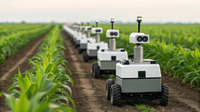 A row of robotic machines navigates through a cornfield, showcasing technological advancements in agriculture and automation.