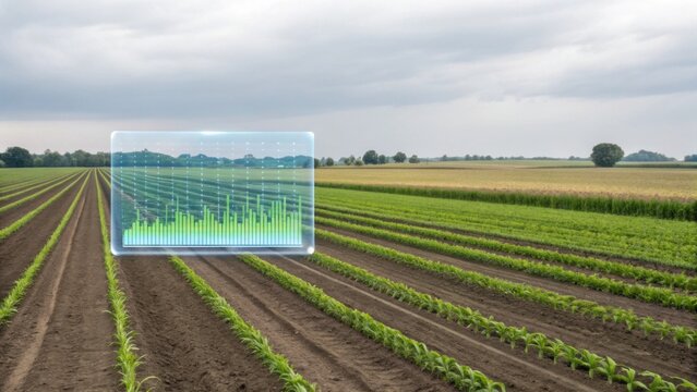 A modern agricultural field with rows of crops under a cloudy sky, featuring an overlay of data analytics for farm management.