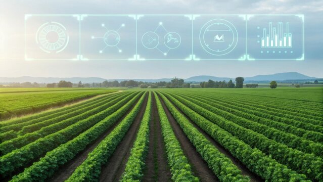 A panoramic view of lush green fields with digital overlays showcasing agricultural data and analytics.