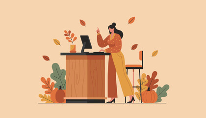 A woman works at an autumnthemed desk pointing up with a business idea or inspiration
