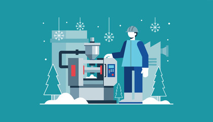 Industrial worker operating factory machinery outdoors during winter Holiday production theme