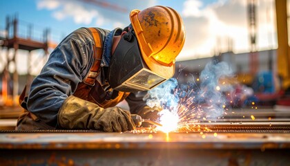 A welder working on a construction site, creating sparks and showcasing industrial craftsmanship.
