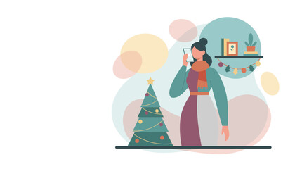 Woman calls on smartphone by Christmas tree celebrating winter holidays at home