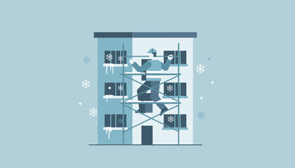 Repairman working on building exterior scaffolding in cold winter weather flat vector illustration